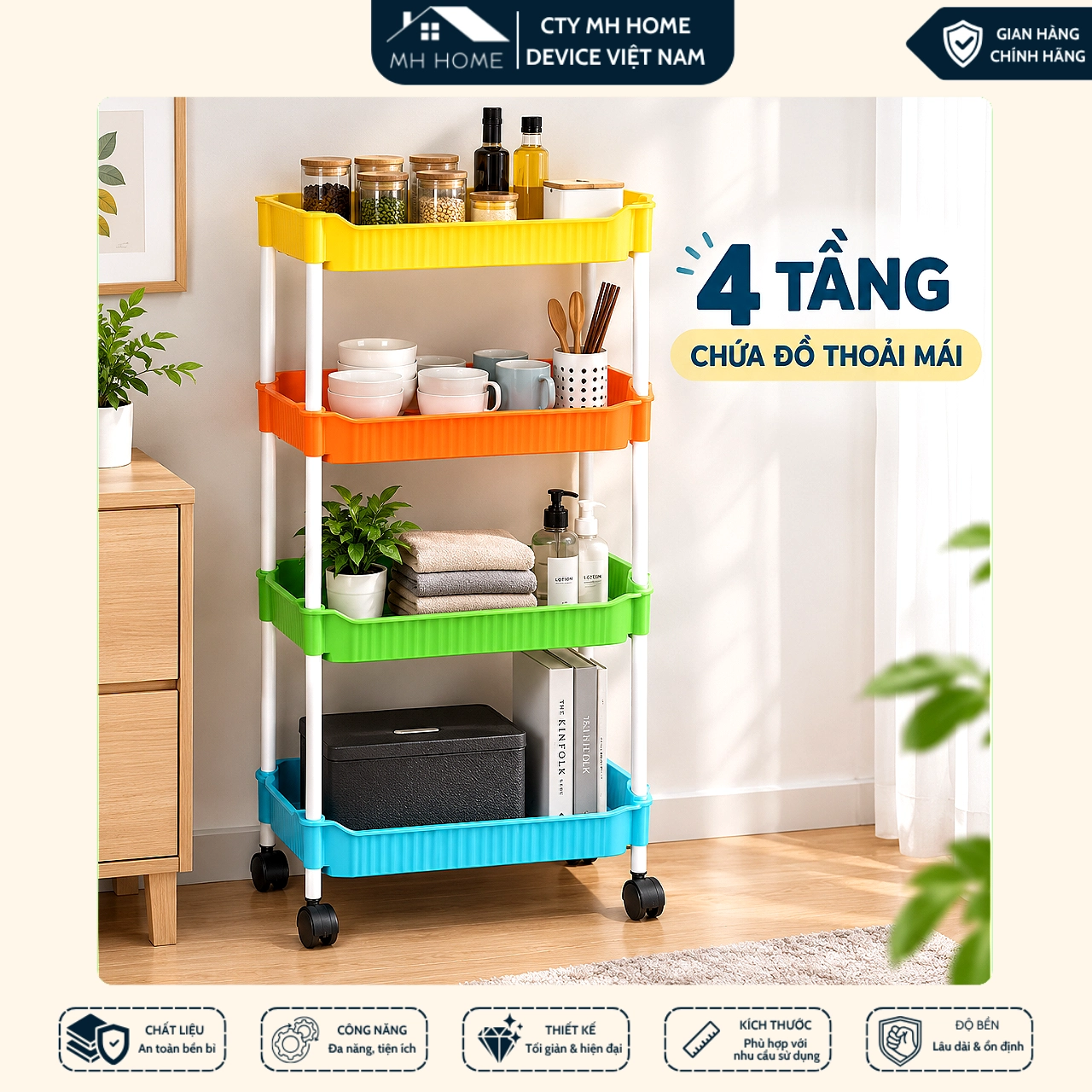 Kệ Đa Sắc Để Đồ 4 Tầng Đa Năng Có Bánh Xe Xoay 360° Nhiều Màu Bắt Mắt, Kệ Đựng Gia Vị Nhà Bếp, Kệ Để Đồ Nhà Tắm Thoát